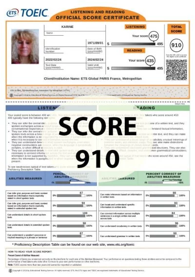 Préparer et réussir le TOEIC : score 910 points. Toeic First Paris, Marseille, Lyon, Toulouse, Lille, Nice,...
