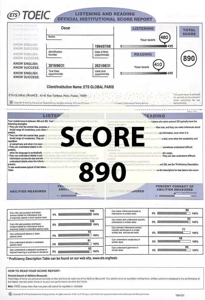 Préparer et réussir le TOEIC : score 890 points. Toeic First Paris, Marseille, Lyon, Toulouse, Lille, Nice,...