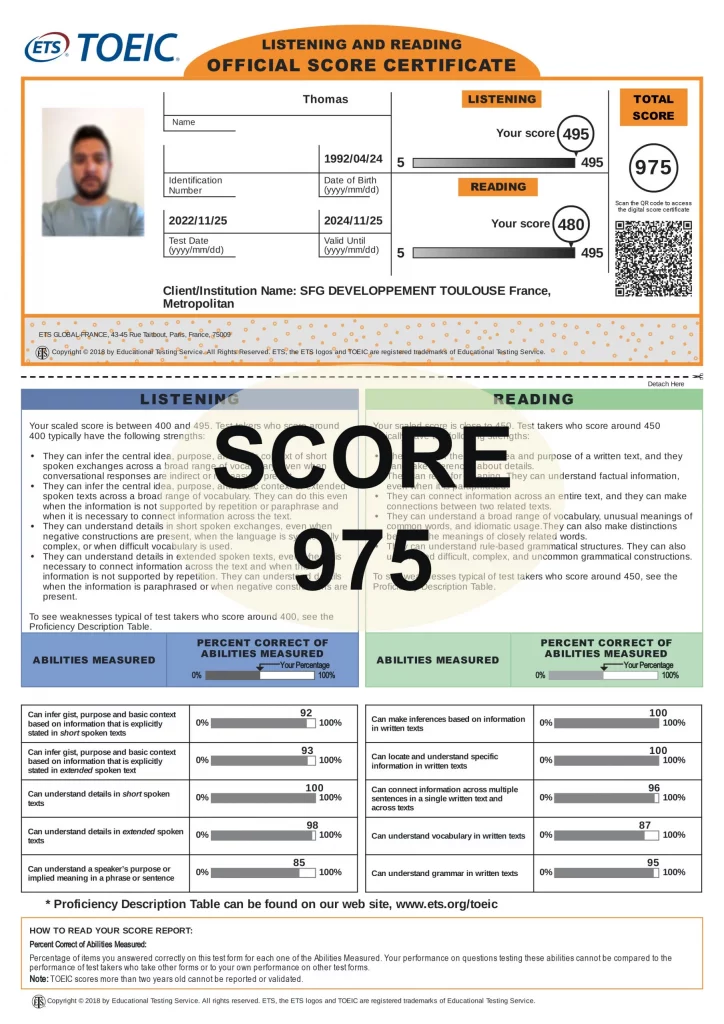 Préparer et réussir le TOEIC : score 975 points. Toeic First Paris, Marseille, Lyon, Toulouse, Lille, Nice,...
