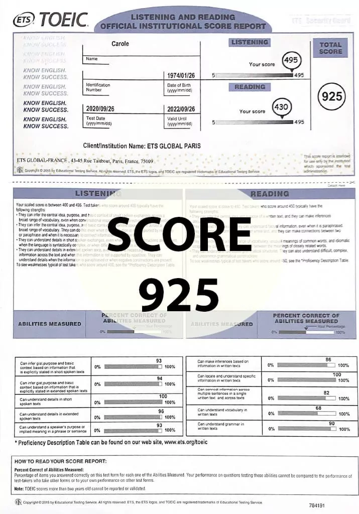 Préparer et réussir le TOEIC : score 925 points. Toeic First Paris, Marseille, Lyon, Toulouse, Lille, Nice,...