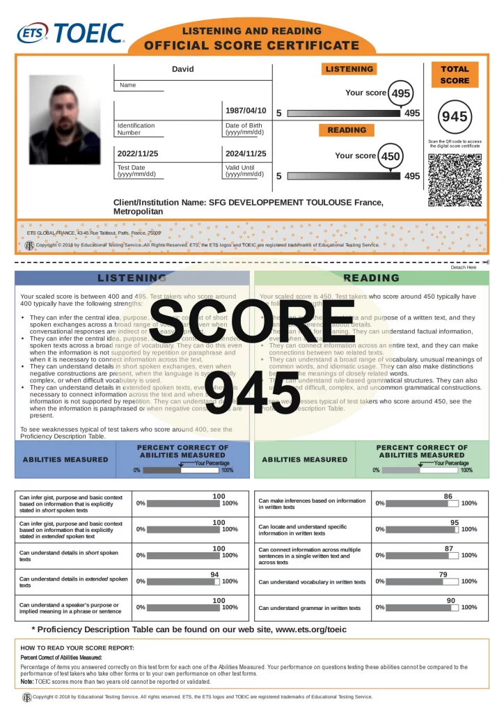 Préparer et réussir le TOEIC : score 945 points. Toeic First Paris, Marseille, Lyon, Toulouse, Lille, Nice,...
